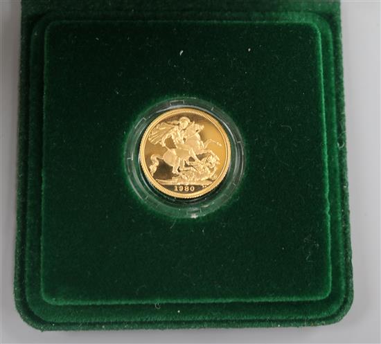 A cased 1980 gold proof sovereign.